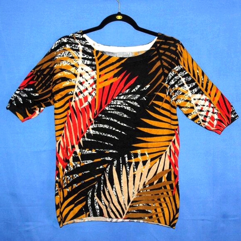 Joseph A. Tropical Print Knit Top - Women's Size M - Multicolor Palm Leaves